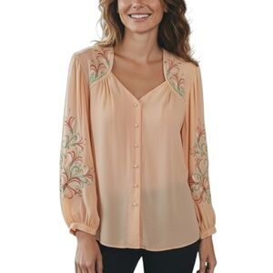 Bob Mackie Silk Peach Blouse Embroidered Button Down Long Sleeve Wearable Art